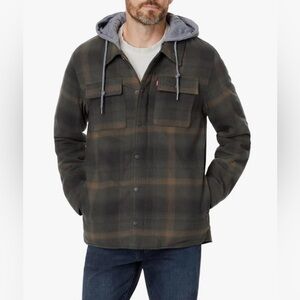 Levis Cotton Plaid Sherpa Lined Hoodie Jacket in Green Ombré, Size Small
